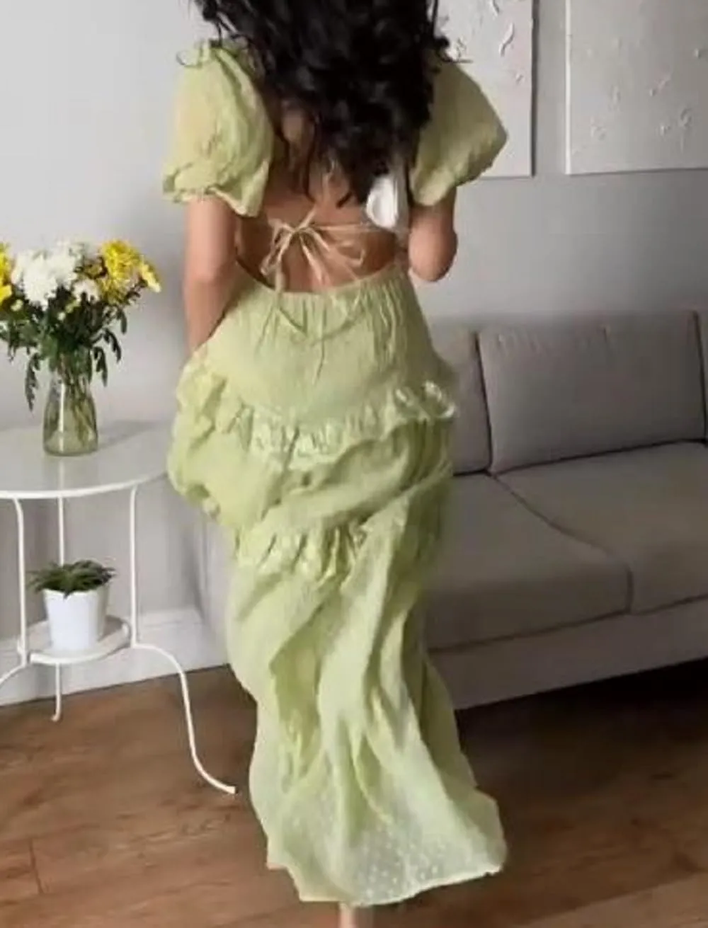 Woman Floral Puff Sleeve Maxi Dress Square Neck Ruffle Flowy Long Dresses Bohemian Tiered Summer Sundress