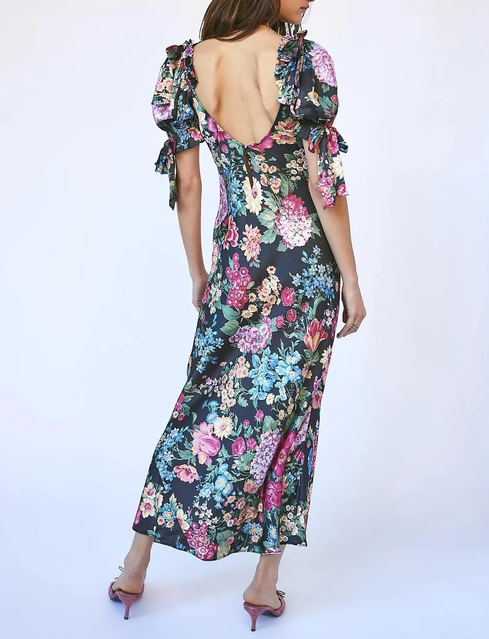 Woman Floral Puff Sleeve Maxi Dress Square Neck Ruffle Flowy Long Dresses Bohemian Tiered Summer Sundress