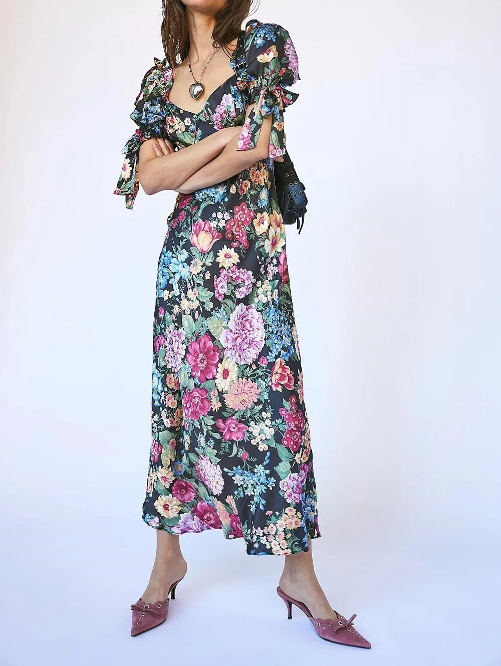 Woman Floral Puff Sleeve Maxi Dress Square Neck Ruffle Flowy Long Dresses Bohemian Tiered Summer Sundress