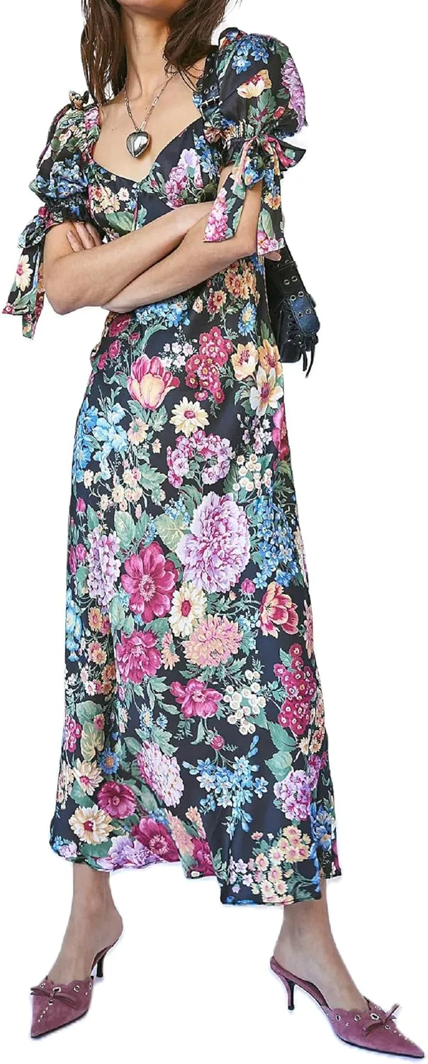 Woman Floral Puff Sleeve Maxi Dress Square Neck Ruffle Flowy Long Dresses Bohemian Tiered Summer Sundress