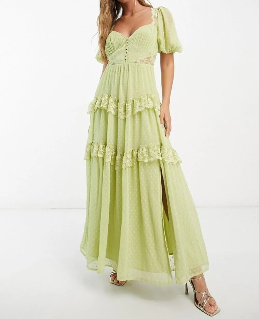 Woman Floral Puff Sleeve Maxi Dress Square Neck Ruffle Flowy Long Dresses Bohemian Tiered Summer Sundress
