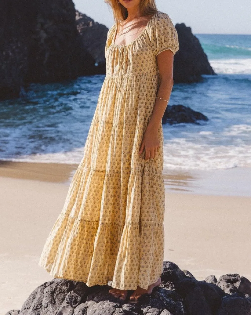 Woman Floral Puff Sleeve Maxi Dress Square Neck Ruffle Flowy Long Dresses Boho Tiered A Line Summer Sundress