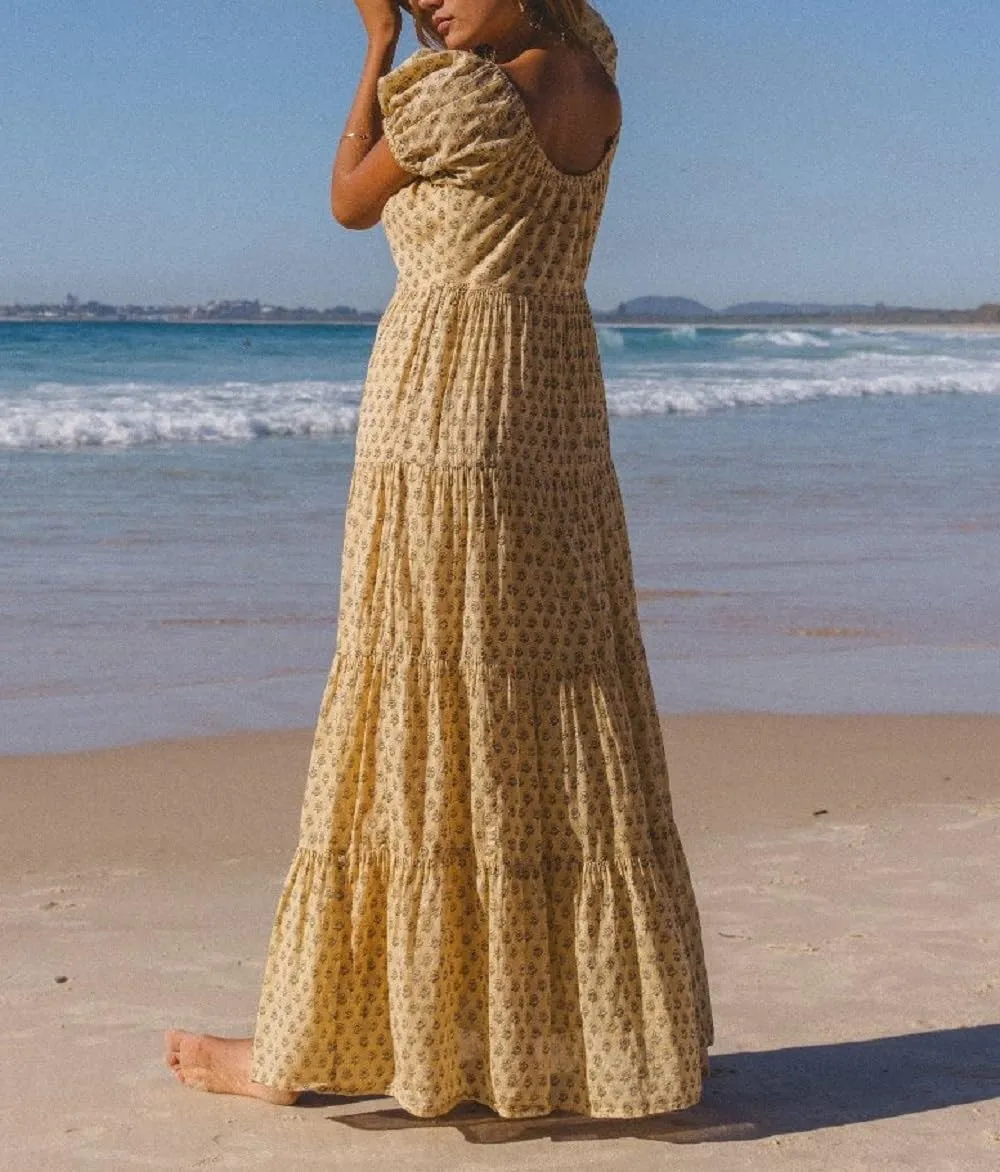 Woman Floral Puff Sleeve Maxi Dress Square Neck Ruffle Flowy Long Dresses Boho Tiered A Line Summer Sundress