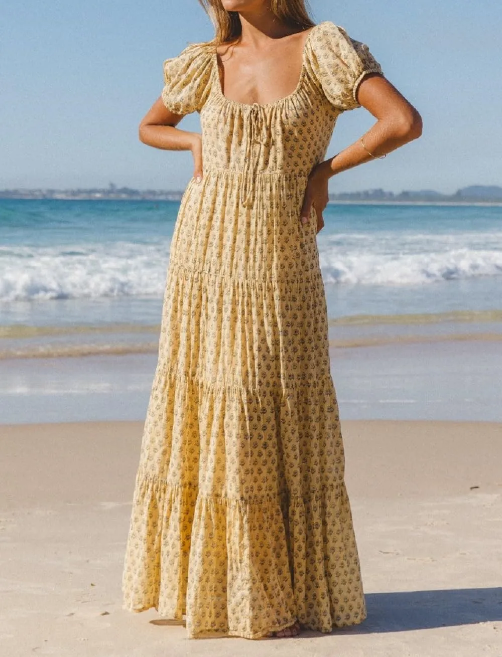 Woman Floral Puff Sleeve Maxi Dress Square Neck Ruffle Flowy Long Dresses Boho Tiered A Line Summer Sundress