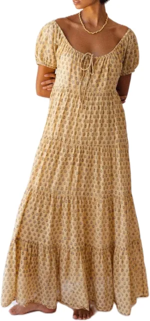 Woman Floral Puff Sleeve Maxi Dress Square Neck Ruffle Flowy Long Dresses Boho Tiered A Line Summer Sundress