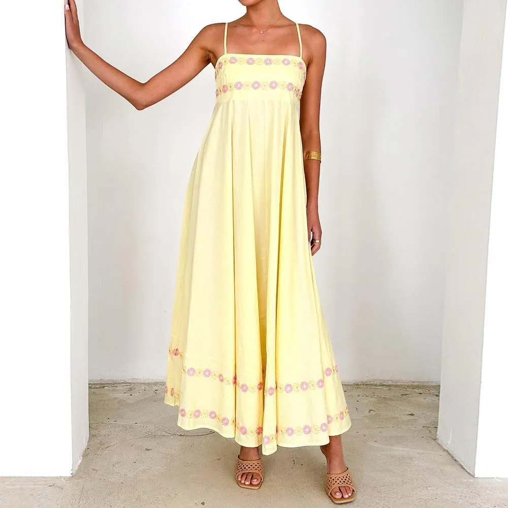 Women Boho Floral Maxi Cami Dress Spaghetti Strap Flowy Long Dress Square Neck A Line Dress Summer Beach Dress