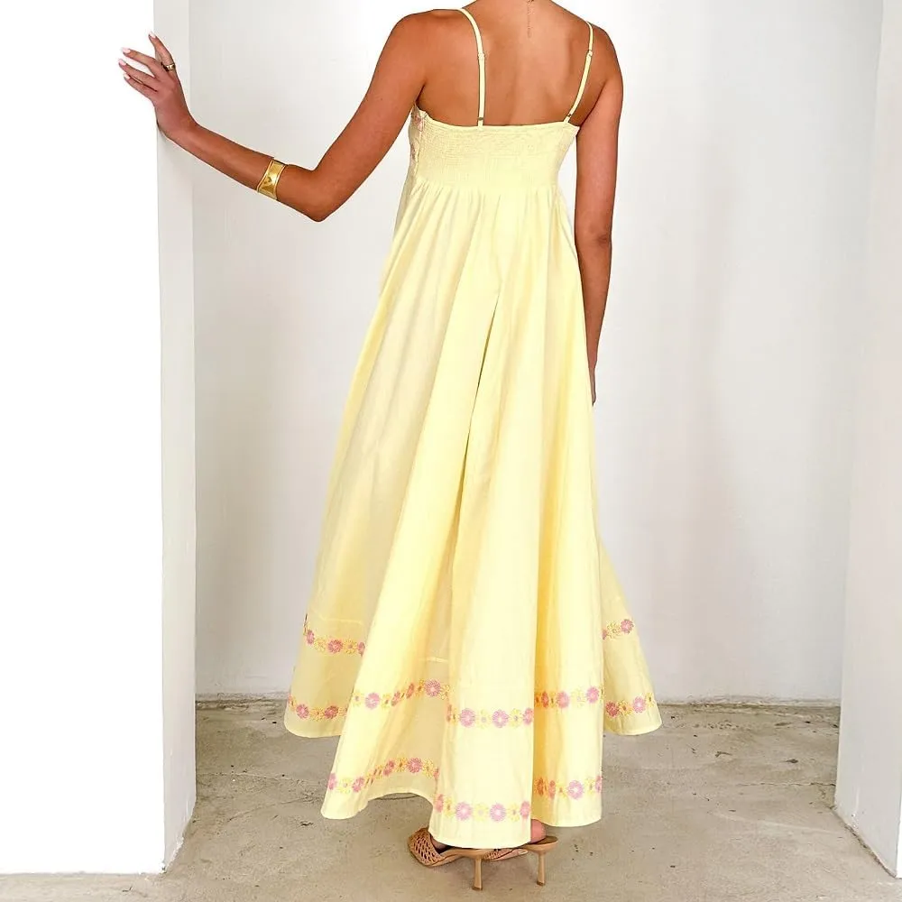 Women Boho Floral Maxi Cami Dress Spaghetti Strap Flowy Long Dress Square Neck A Line Dress Summer Beach Dress