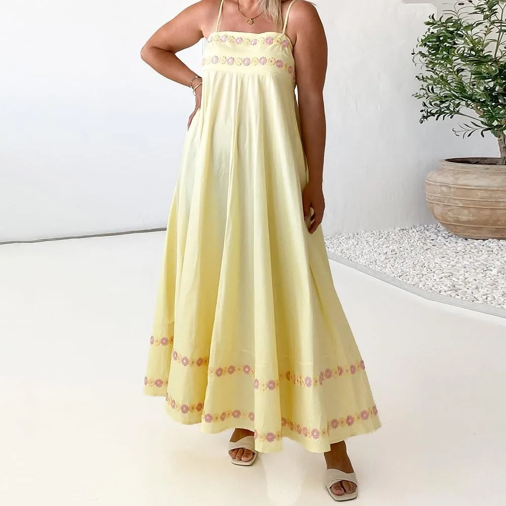 Women Boho Floral Maxi Cami Dress Spaghetti Strap Flowy Long Dress Square Neck A Line Dress Summer Beach Dress