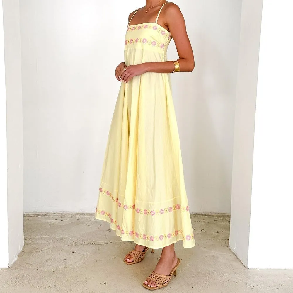Women Boho Floral Maxi Cami Dress Spaghetti Strap Flowy Long Dress Square Neck A Line Dress Summer Beach Dress