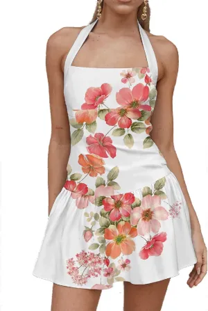 Women Boho Graphic Mini Dress Spaghetti Strap A Line Dress Graffiti Halter Dresses Colorful Summer Sundress