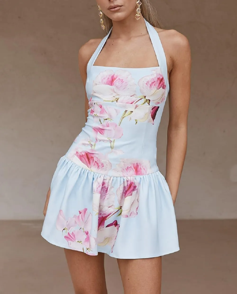 Women Boho Graphic Mini Dress Spaghetti Strap A Line Dress Graffiti Halter Dresses Colorful Summer Sundress