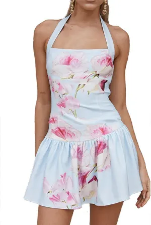 Women Boho Graphic Mini Dress Spaghetti Strap A Line Dress Graffiti Halter Dresses Colorful Summer Sundress