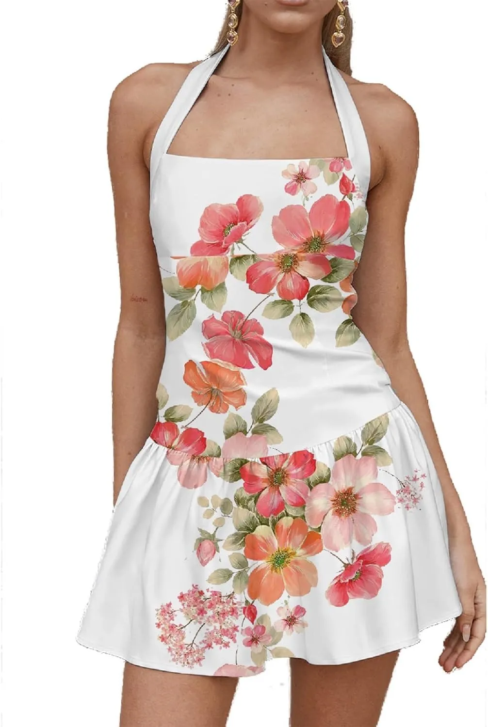 Women Boho Graphic Mini Dress Spaghetti Strap A Line Dress Graffiti Halter Dresses Colorful Summer Sundress