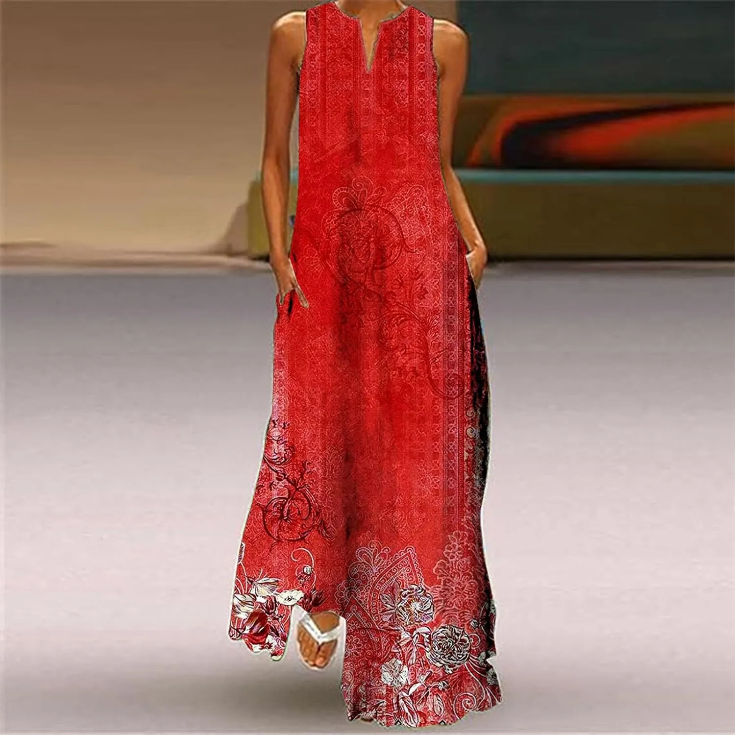 Women Casual Baggy Sundress Sleeveless V Neck Maxi Long Beach Shirt Dress Travel Vacation 2025 Summer Loose Outfits