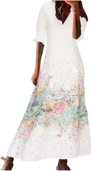 Women Elbow Sleeve V Neck Maxi Dress Fashion Grahpic Design Long Dresses Vintage A Line Casual Sundress