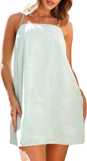 Women Graffiti Mini Cami Dress Spaghetti Strap Floral Boho Short Dress Flowy Sling Dress Summer Holiday Sundress