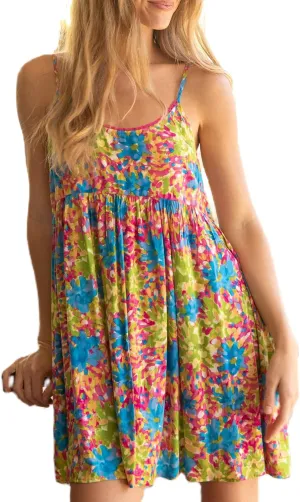 Women Graffiti Mini Cami Dress Spaghetti Strap Floral Boho Short Dress Flowy Sling Dress Summer Holiday Sundress