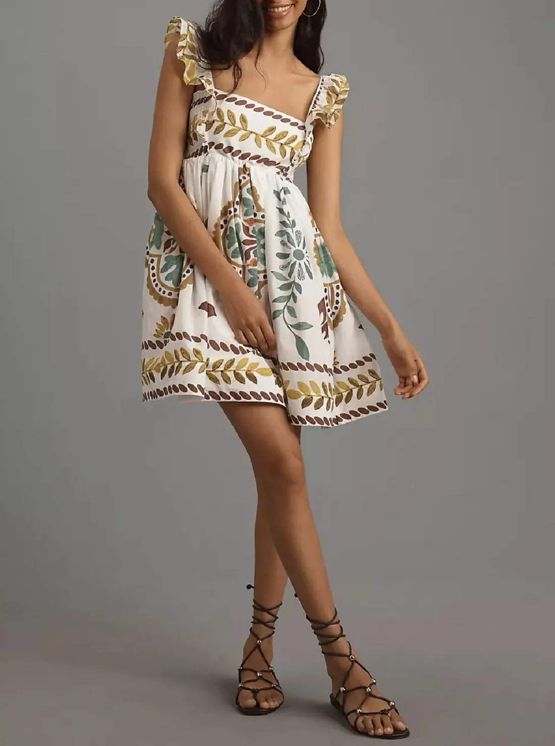 Women Graffiti Mini Cami Dress Spaghetti Strap Floral Boho Short Dress Flowy Sling Dress Summer Holiday Sundress