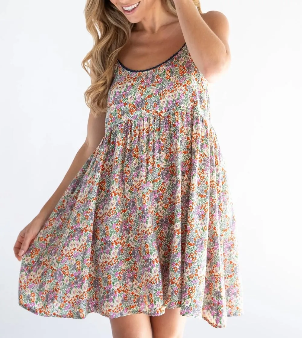 Women Graffiti Mini Cami Dress Spaghetti Strap Floral Boho Short Dress Flowy Sling Dress Summer Holiday Sundress