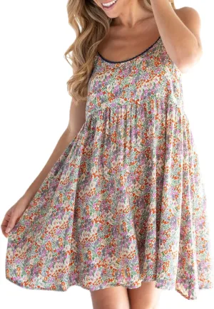 Women Graffiti Mini Cami Dress Spaghetti Strap Floral Boho Short Dress Flowy Sling Dress Summer Holiday Sundress