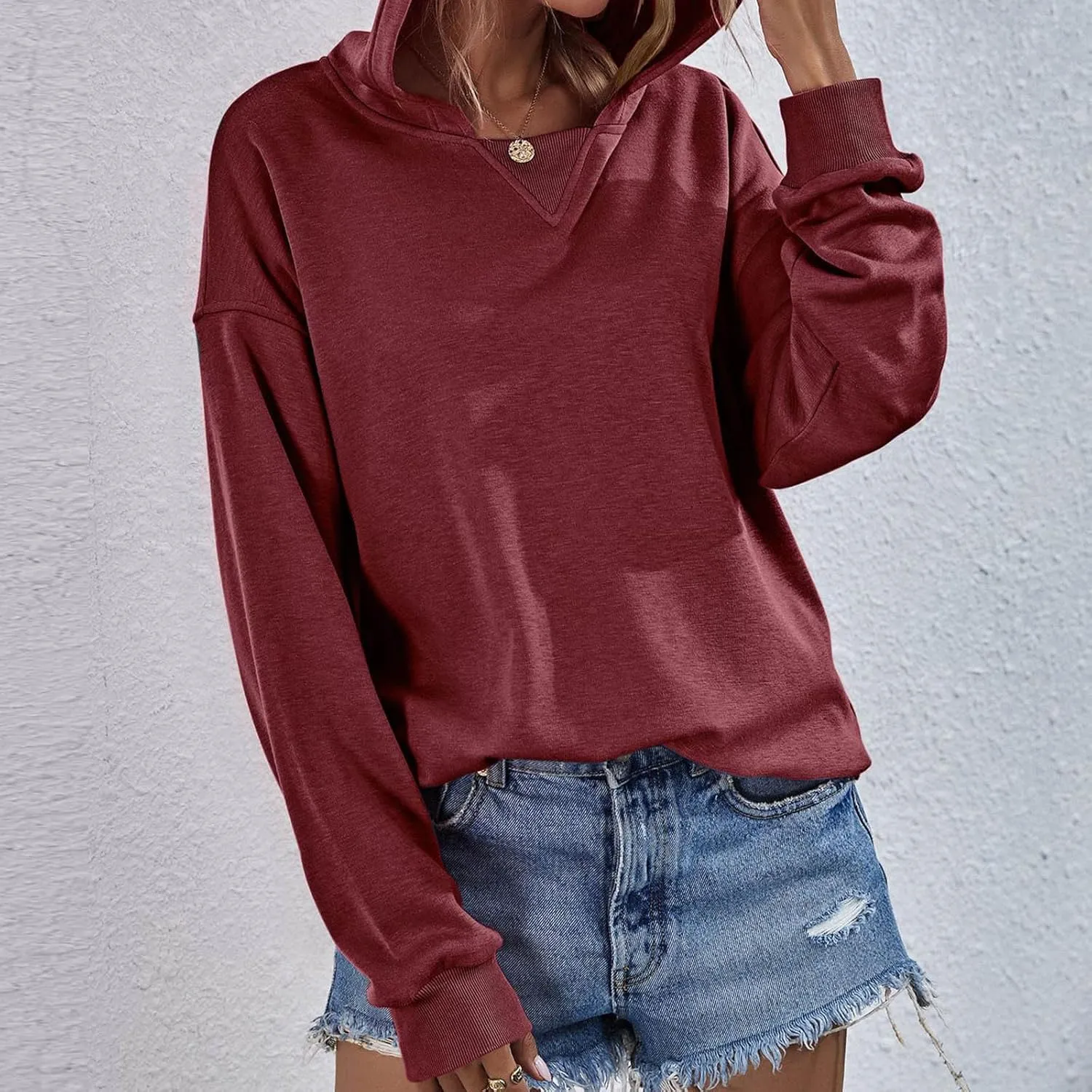Women Hoodies Casual Long Sleeve Sweatshirt Solid Color Loose Pullover Tops 2023 Plus Size Fall Blouses Shirts