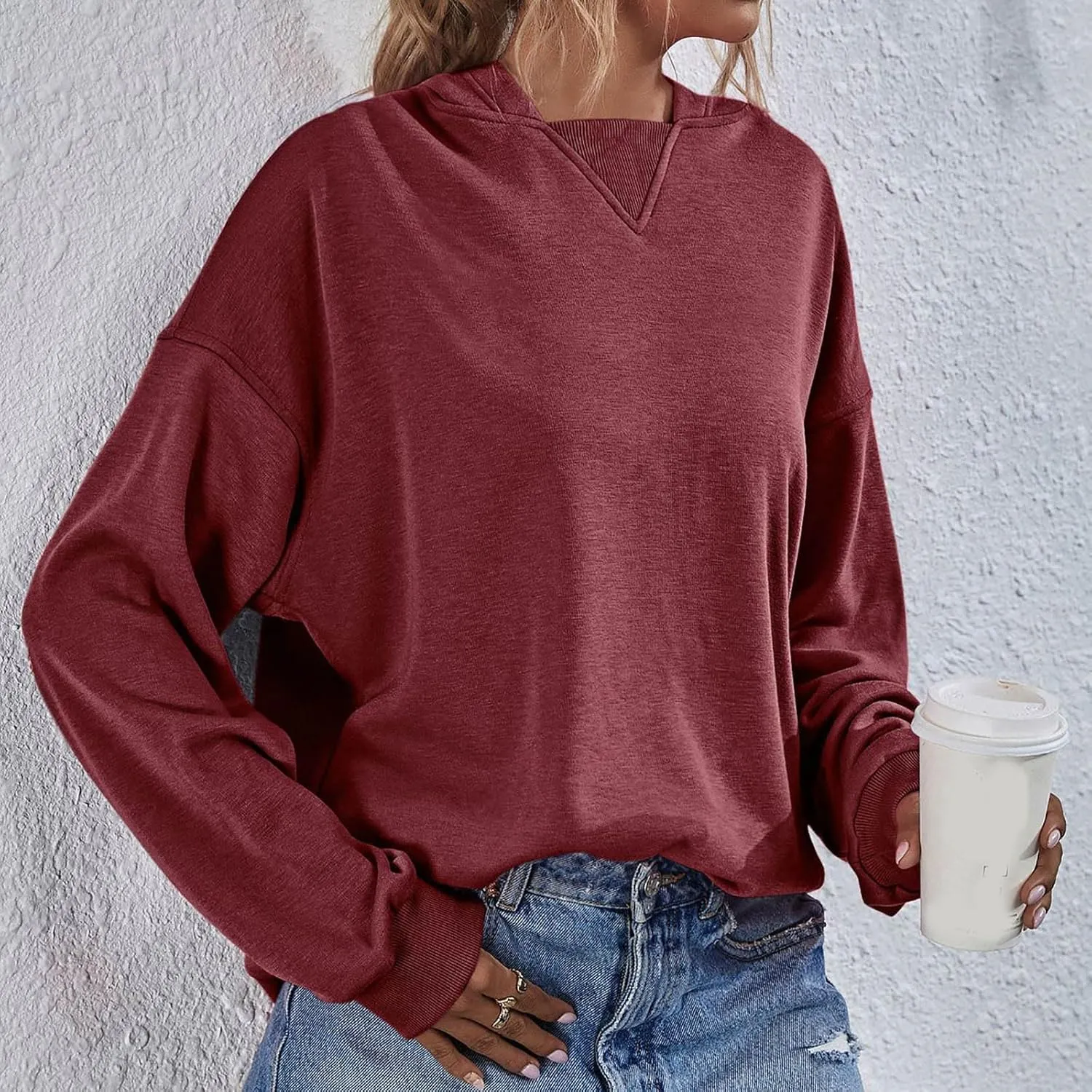 Women Hoodies Casual Long Sleeve Sweatshirt Solid Color Loose Pullover Tops 2023 Plus Size Fall Blouses Shirts