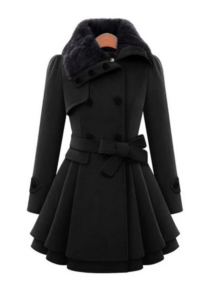 Women Mid Long Double Breasted Woolen Coat