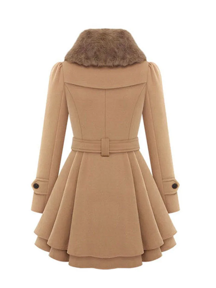 Women Mid Long Double Breasted Woolen Coat