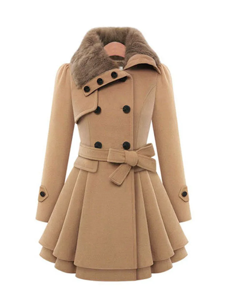 Women Mid Long Double Breasted Woolen Coat
