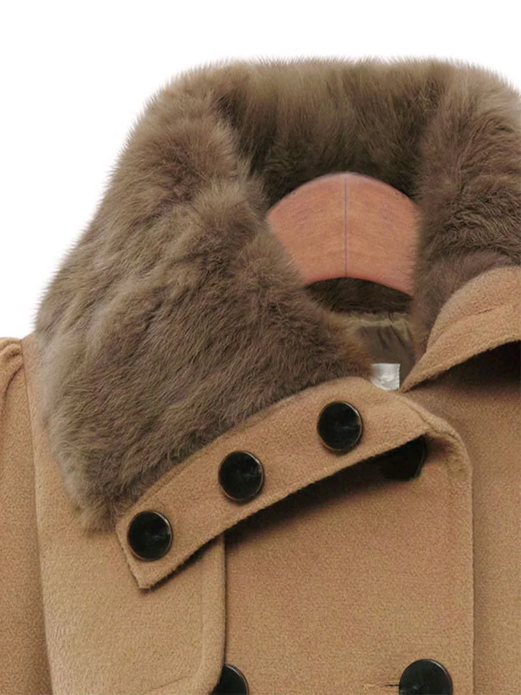 Women Mid Long Double Breasted Woolen Coat