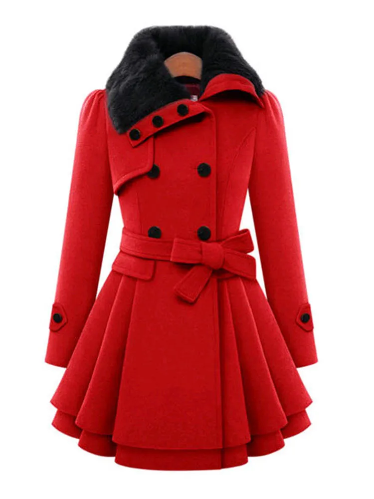Women Mid Long Double Breasted Woolen Coat