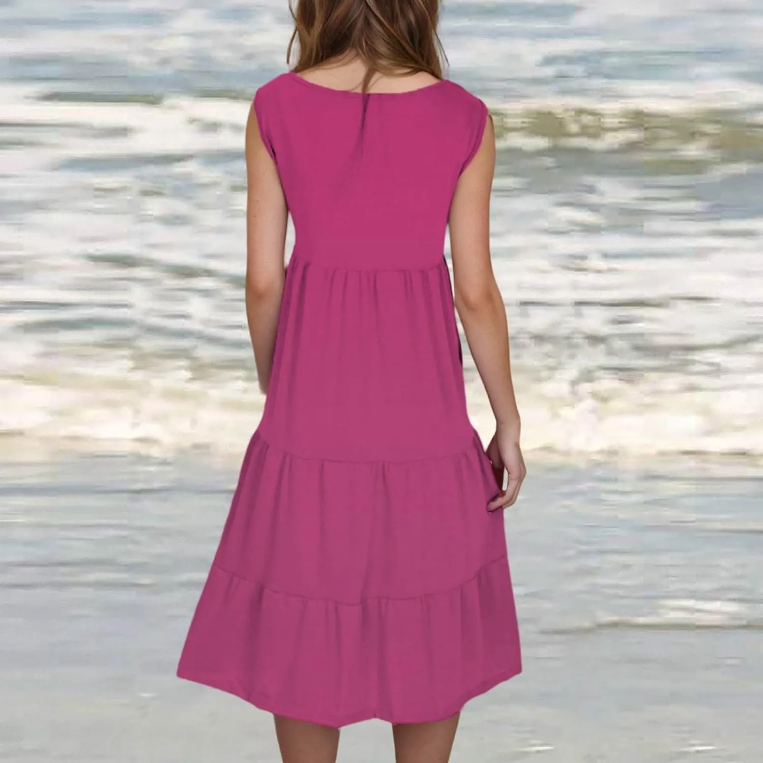Women Summer Dresses 2025 Sleeveless Casual Loose Swing Midi Dress with Pockets Boho Beach Vacation Sundress