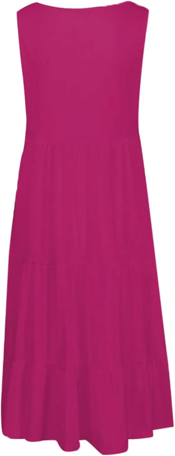 Women Summer Dresses 2025 Sleeveless Casual Loose Swing Midi Dress with Pockets Boho Beach Vacation Sundress