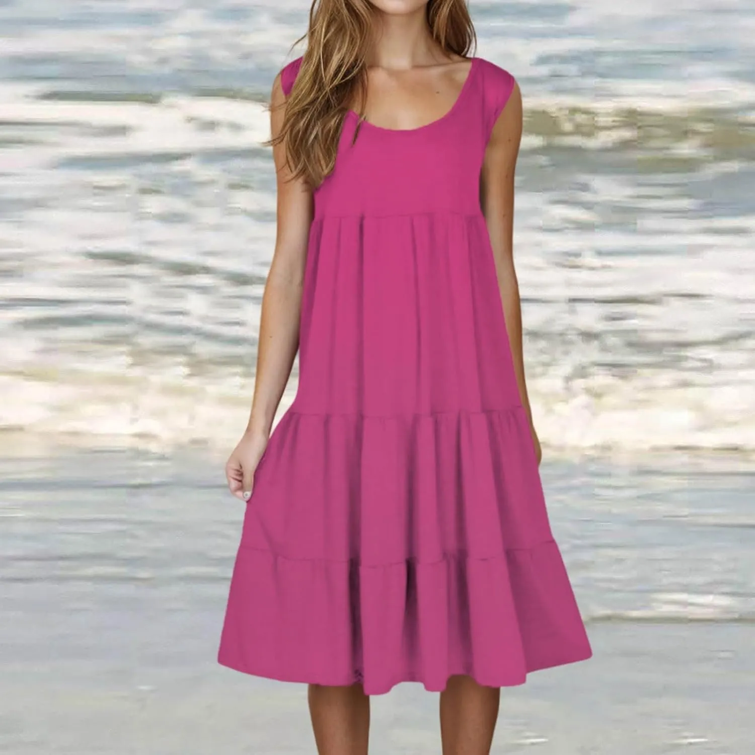 Women Summer Dresses 2025 Sleeveless Casual Loose Swing Midi Dress with Pockets Boho Beach Vacation Sundress