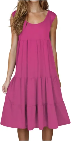Women Summer Dresses 2025 Sleeveless Casual Loose Swing Midi Dress with Pockets Boho Beach Vacation Sundress