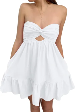 Women Twist Knot Tube Dress Solid Strapless Mini Babydoll Dress Backless Flowy Ruffled A Line Bandeau Dress