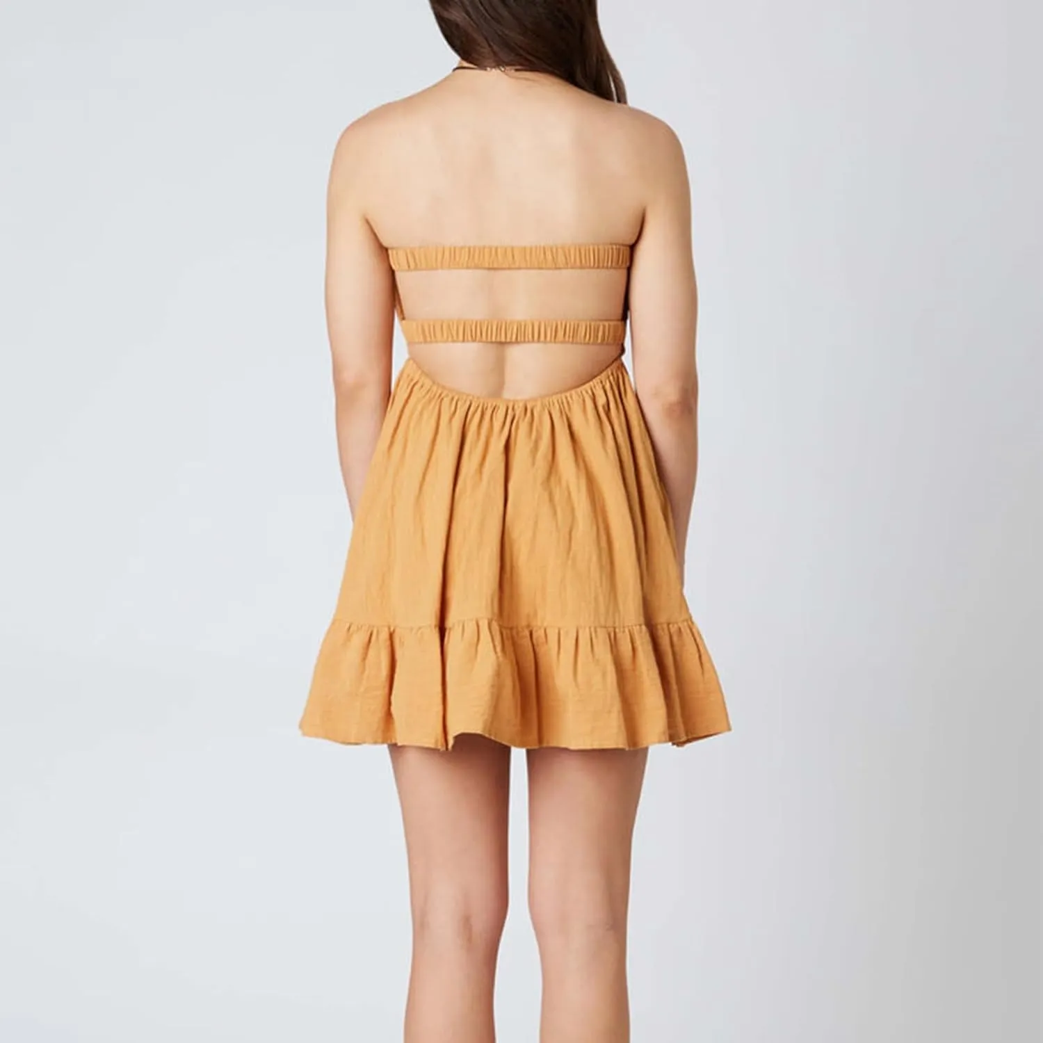 Women Twist Knot Tube Dress Solid Strapless Mini Babydoll Dress Backless Flowy Ruffled A Line Bandeau Dress