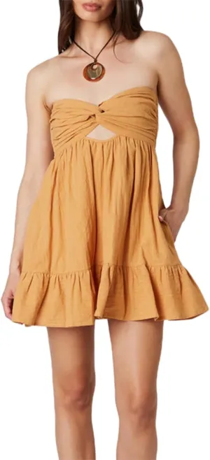 Women Twist Knot Tube Dress Solid Strapless Mini Babydoll Dress Backless Flowy Ruffled A Line Bandeau Dress