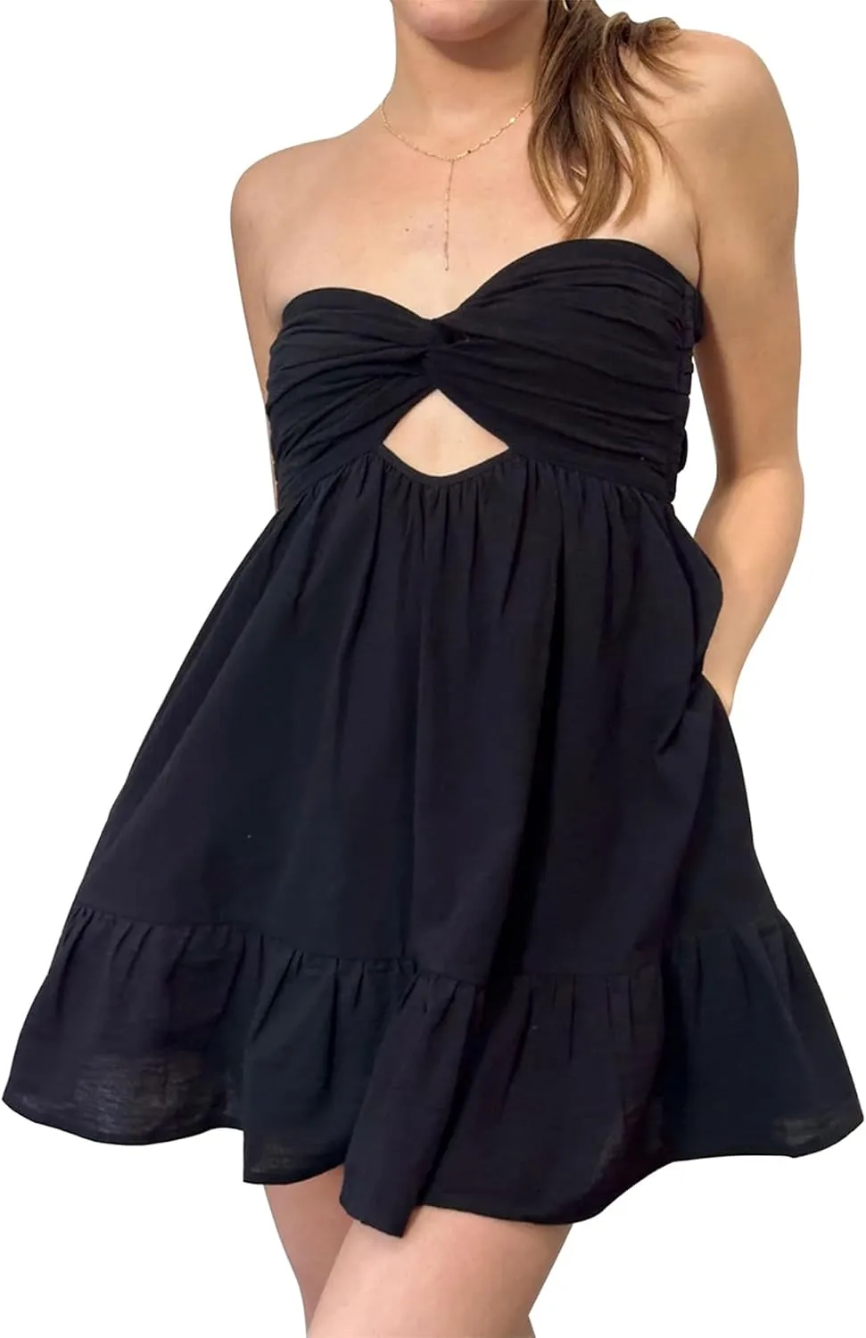 Women Twist Knot Tube Dress Solid Strapless Mini Babydoll Dress Backless Flowy Ruffled A Line Bandeau Dress