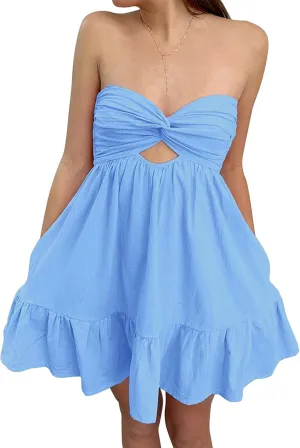 Women Twist Knot Tube Dress Solid Strapless Mini Babydoll Dress Backless Flowy Ruffled A Line Bandeau Dress