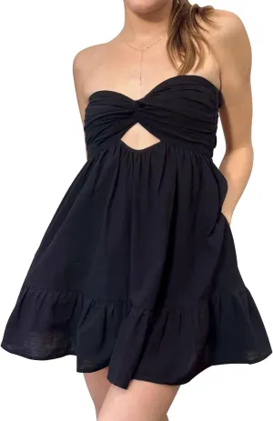 Women Twist Knot Tube Dress Solid Strapless Mini Babydoll Dress Backless Flowy Ruffled A Line Bandeau Dress