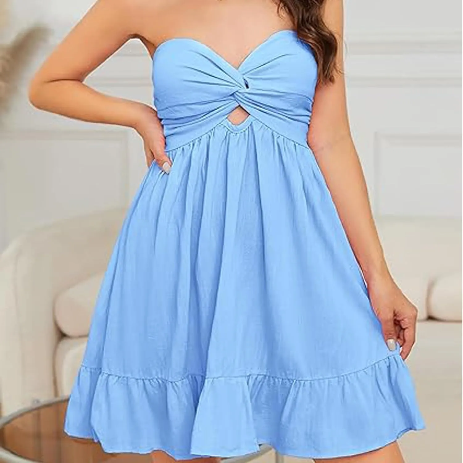 Women Twist Knot Tube Dress Solid Strapless Mini Babydoll Dress Backless Flowy Ruffled A Line Bandeau Dress