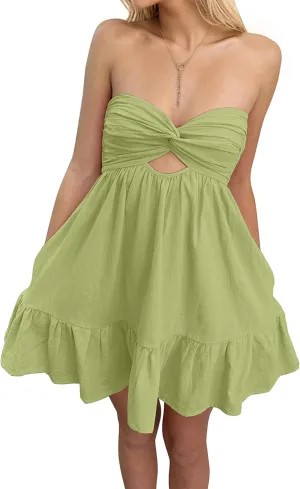 Women Twist Knot Tube Dress Solid Strapless Mini Babydoll Dress Backless Flowy Ruffled A Line Bandeau Dress