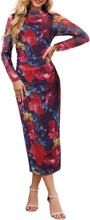 Women's 2024 Long Sleeve Tie Dye Dress Bodycon Mock Neck Mesh Ruched Cocktail Maxi Dresses