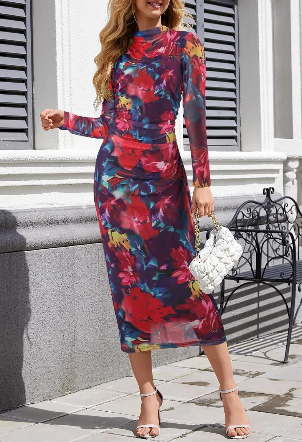 Women's 2024 Long Sleeve Tie Dye Dress Bodycon Mock Neck Mesh Ruched Cocktail Maxi Dresses