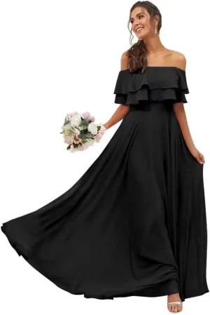 Womens A Line Off Shoulder Bridesmaid Dress, Ruffles Chiffon Long Formal Evening Party Gown with Pockets