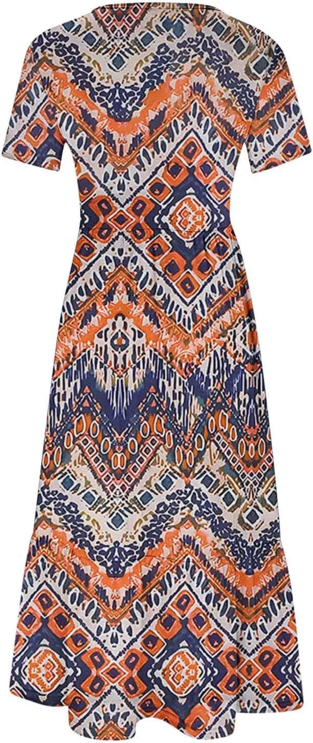 Womens Boho Floral Dresses with Pockets Casual Short Sleeve Crewneck Swing Ruffle Maxi Dress 2025 Summer Sundresses