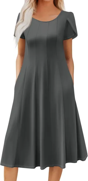 Womens Casual Dress for Summer Solid/Floral Short Sleeve Pleated T-Shirt Dress Loose Beach Midi Sundress with Pockets