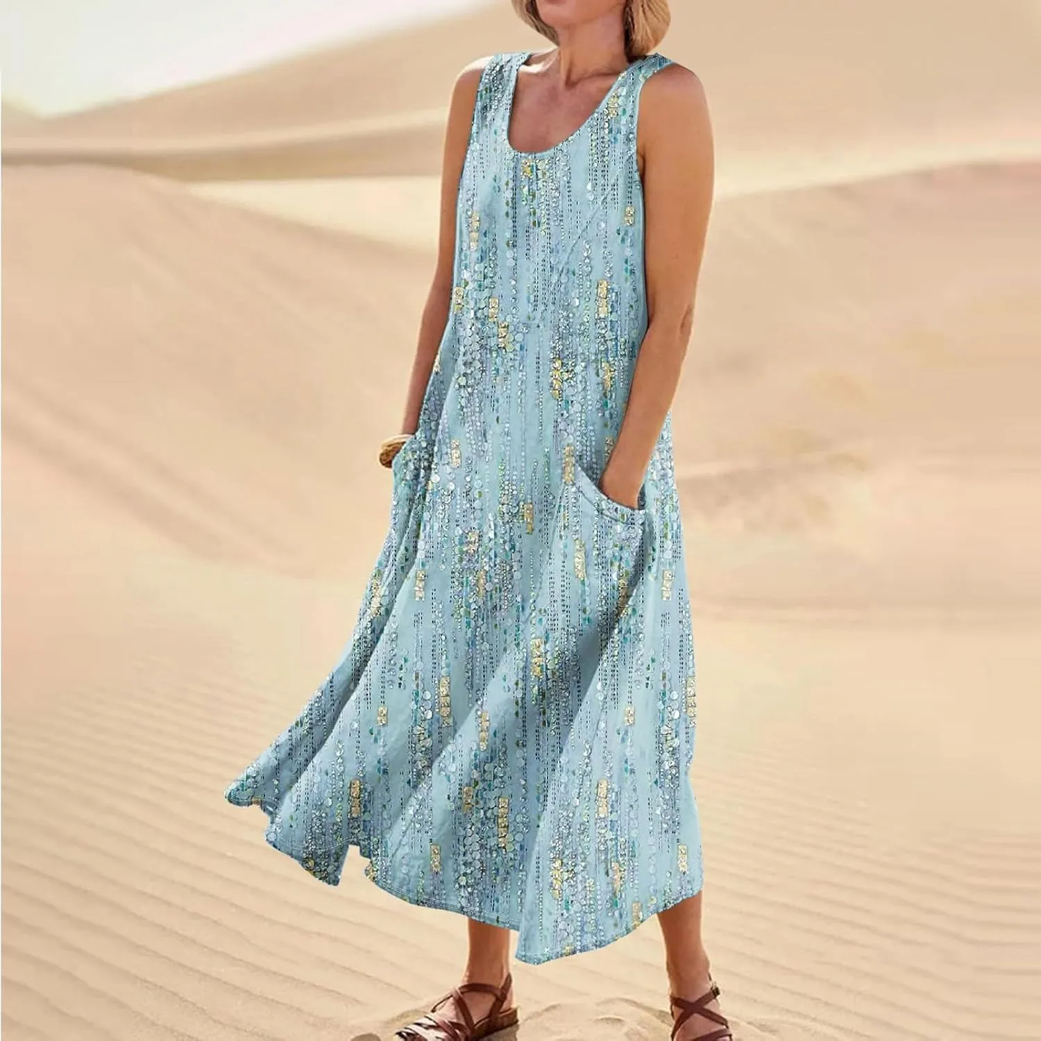 Women's Casual Maxi Sundress 2025 Summer Beach Dresses Scoop Neck Sleeveless Loose Plus Size Tank Dress