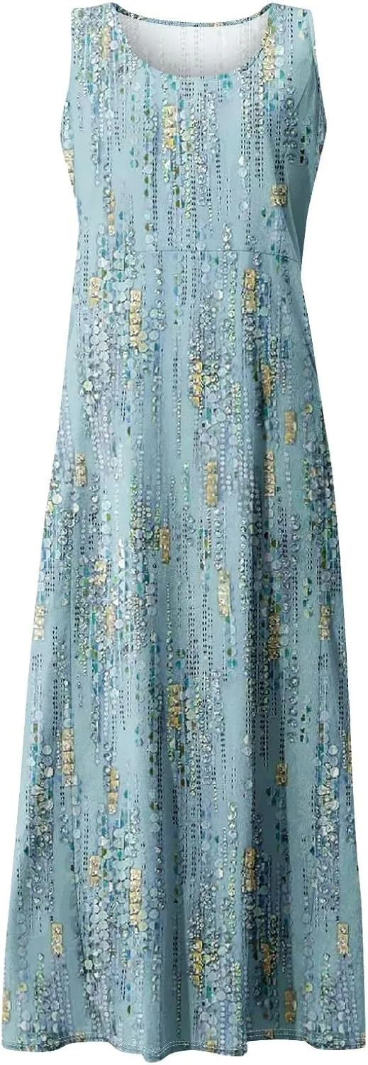 Women's Casual Maxi Sundress 2025 Summer Beach Dresses Scoop Neck Sleeveless Loose Plus Size Tank Dress